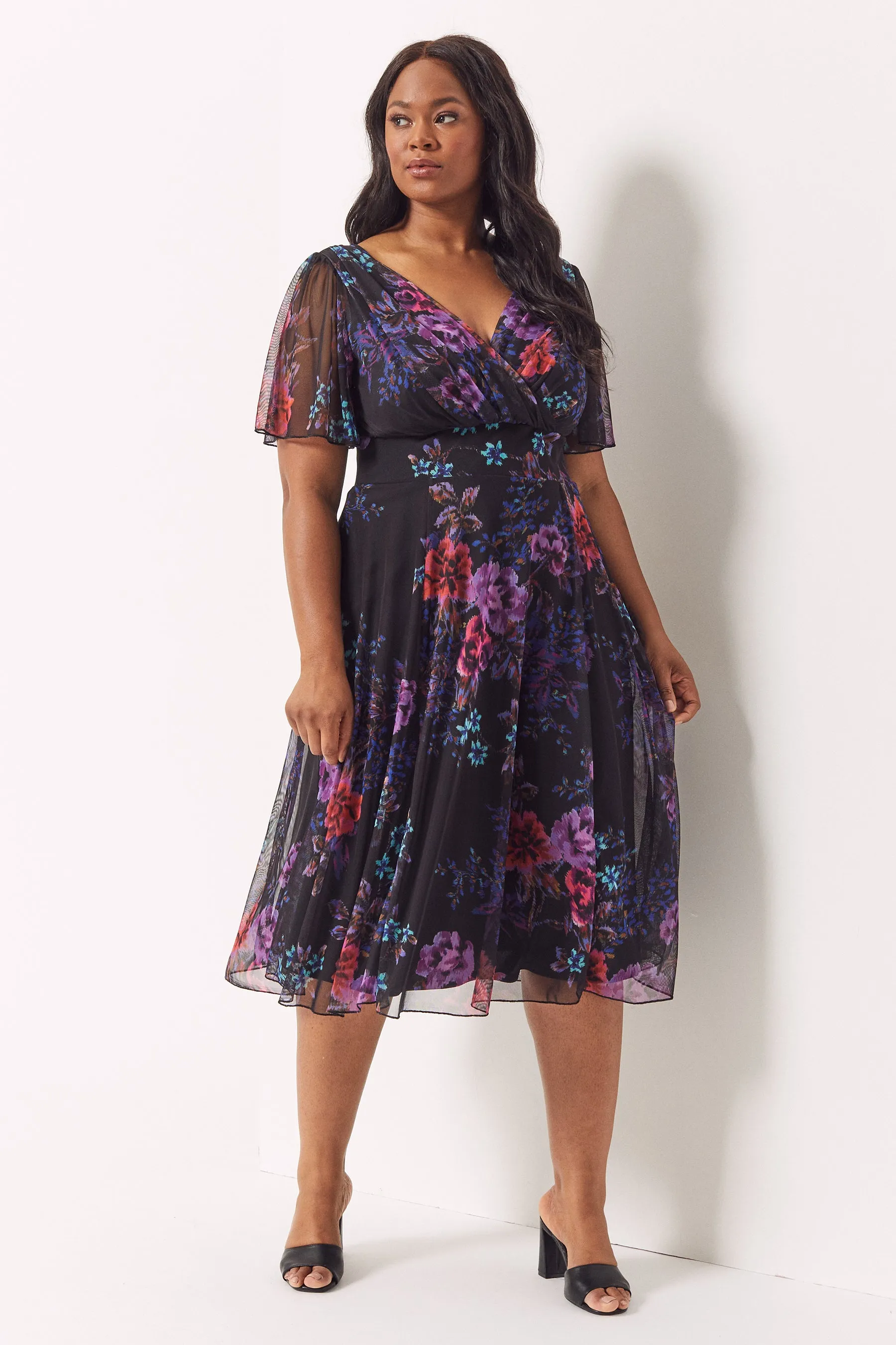 Victoria Black Amethyst Angel Sleeve Mesh Midi Dress