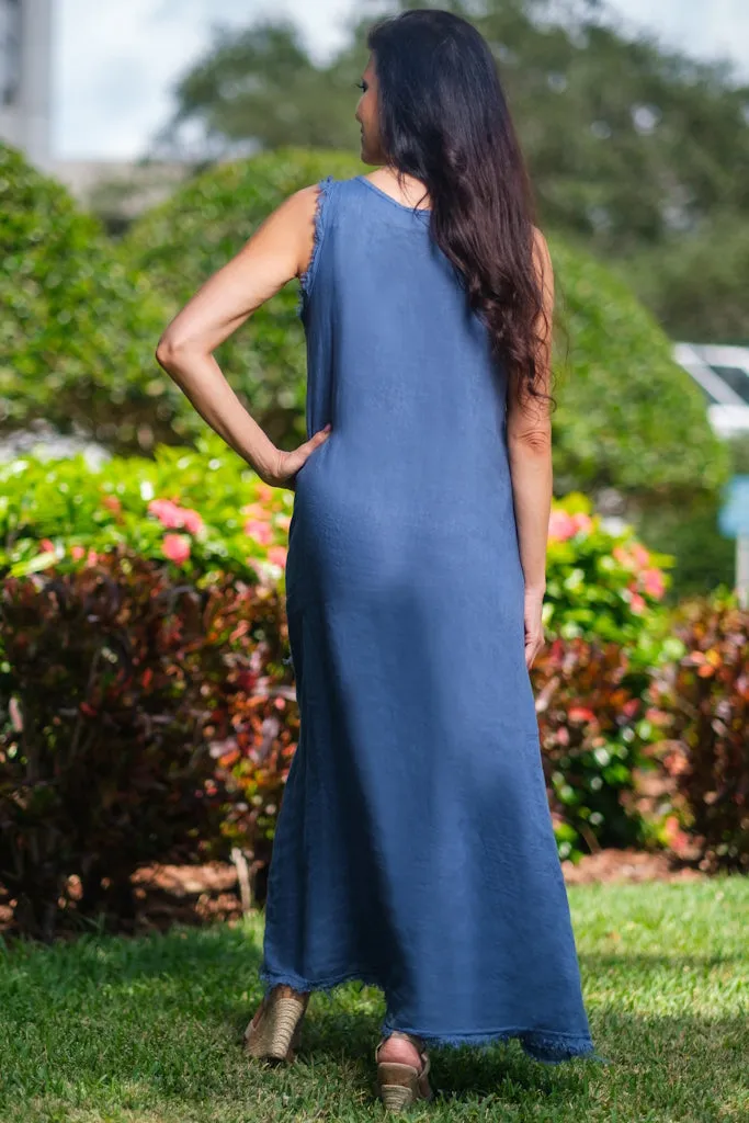 Wanita Diagonal Raw Edge Linen Dress (DT122)