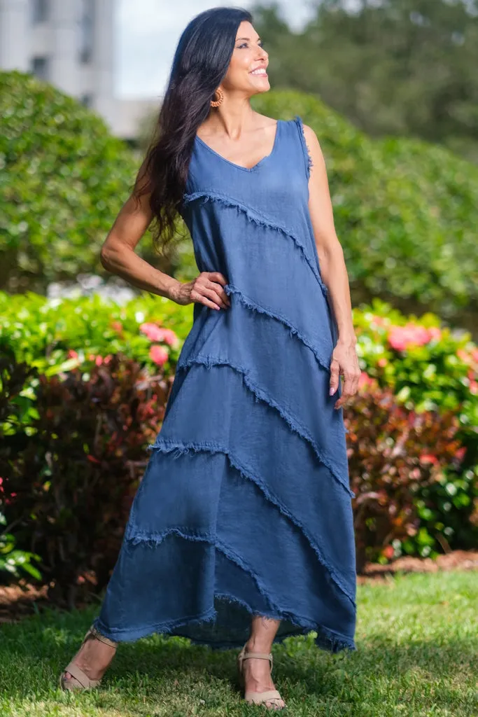 Wanita Diagonal Raw Edge Linen Dress (DT122)