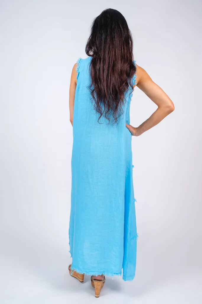 Wanita Diagonal Raw Edge Linen Dress (DT122)