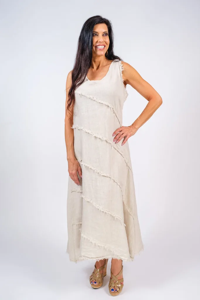 Wanita Diagonal Raw Edge Linen Dress (DT122)