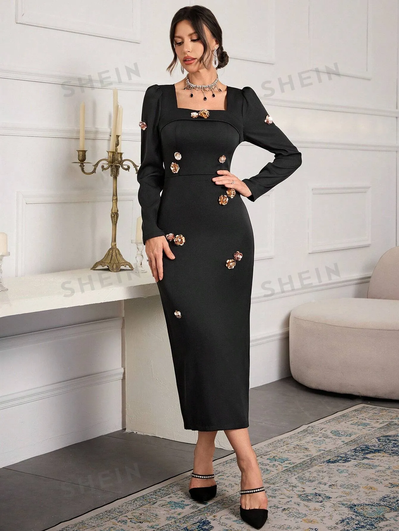 Women 3D Floral Decor Square Neck Minimalist Casual Long Dress