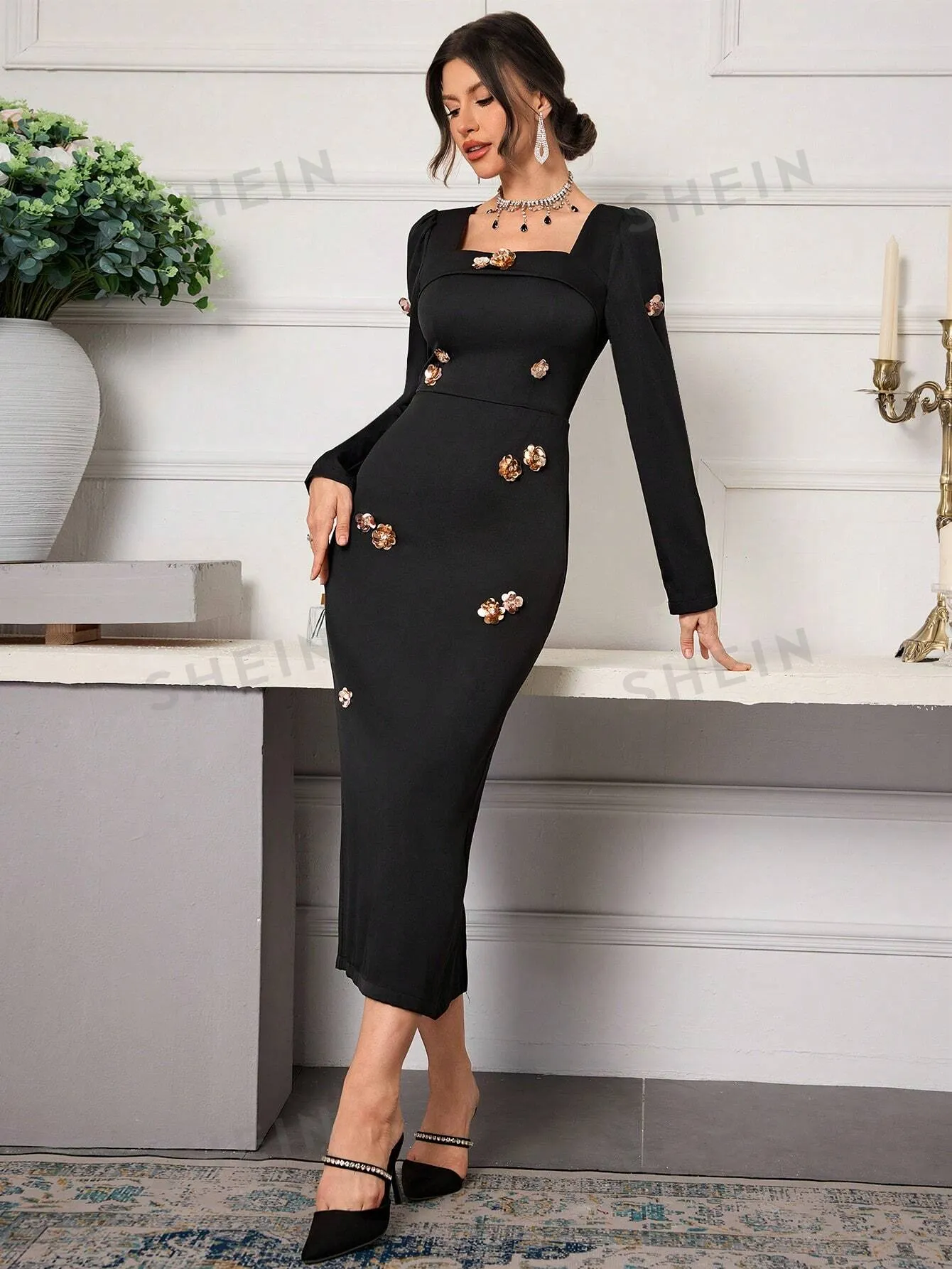 Women 3D Floral Decor Square Neck Minimalist Casual Long Dress