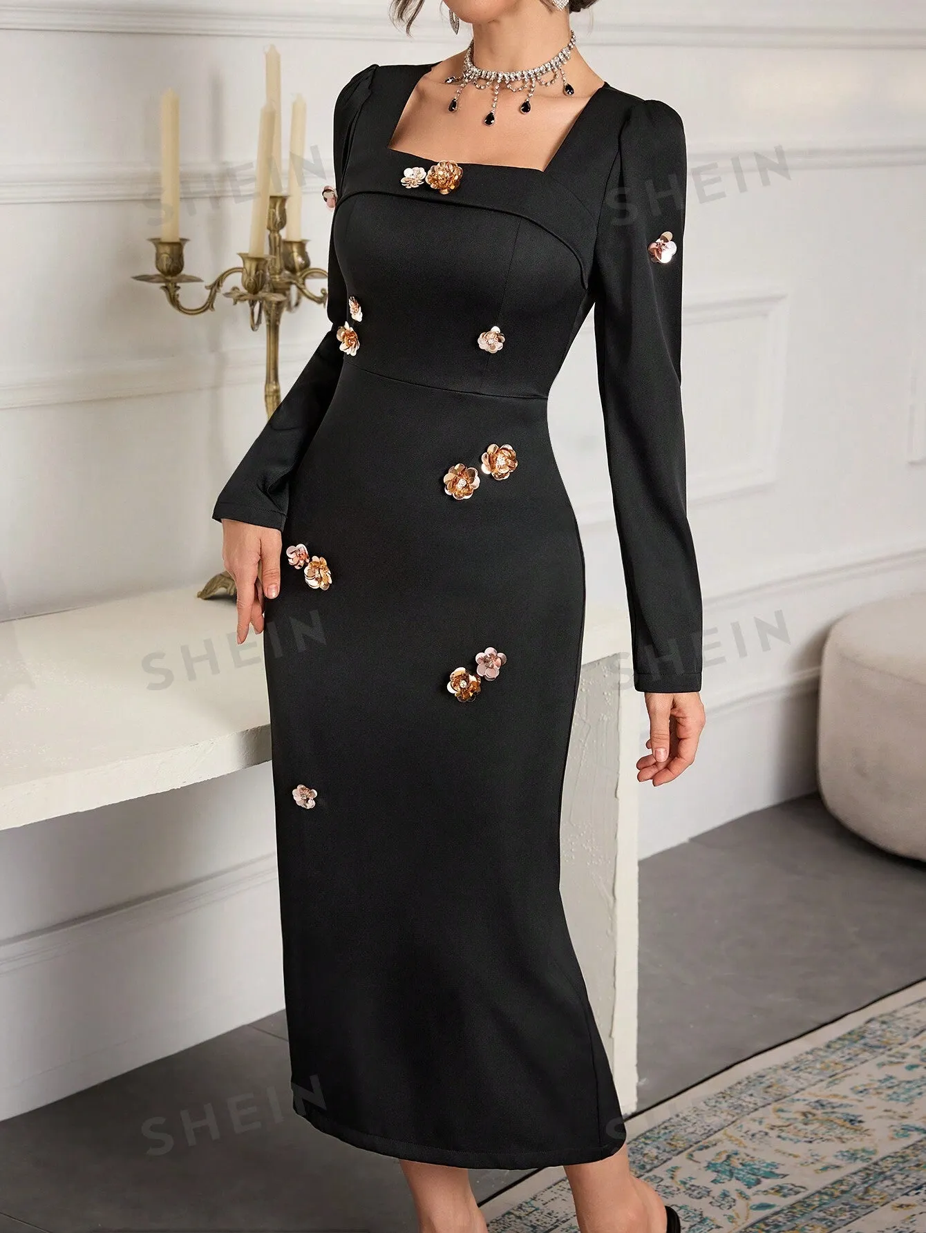 Women 3D Floral Decor Square Neck Minimalist Casual Long Dress