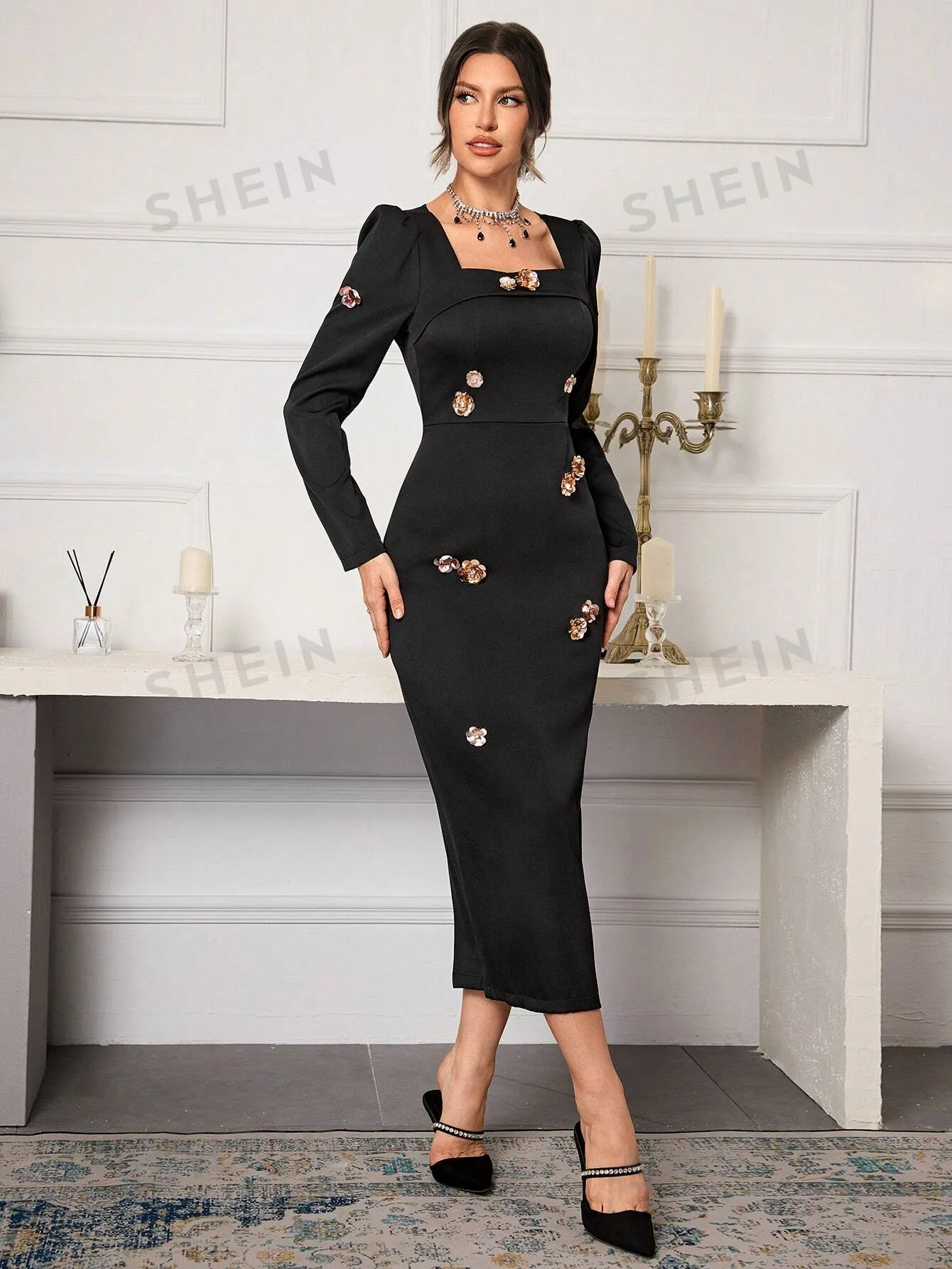 Women 3D Floral Decor Square Neck Minimalist Casual Long Dress