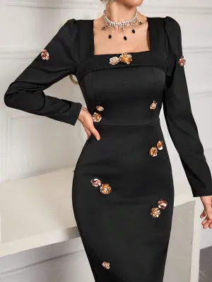 Women 3D Floral Decor Square Neck Minimalist Casual Long Dress