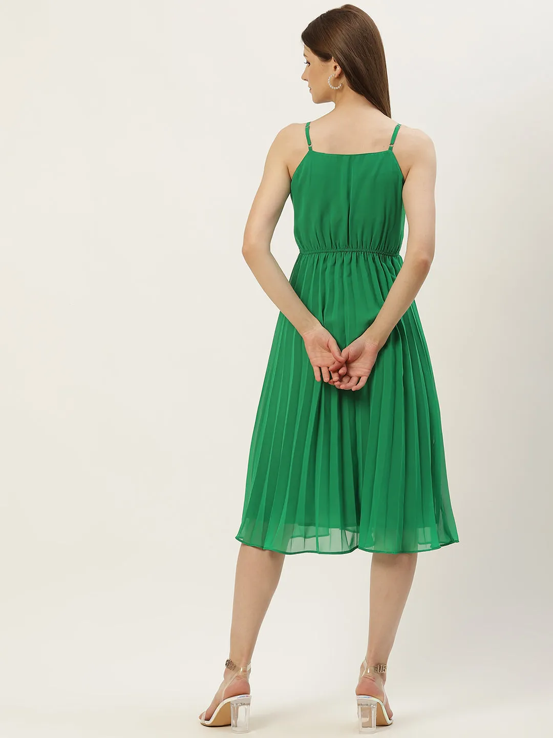 Women Green Embroidered A-Line Midi Dress
