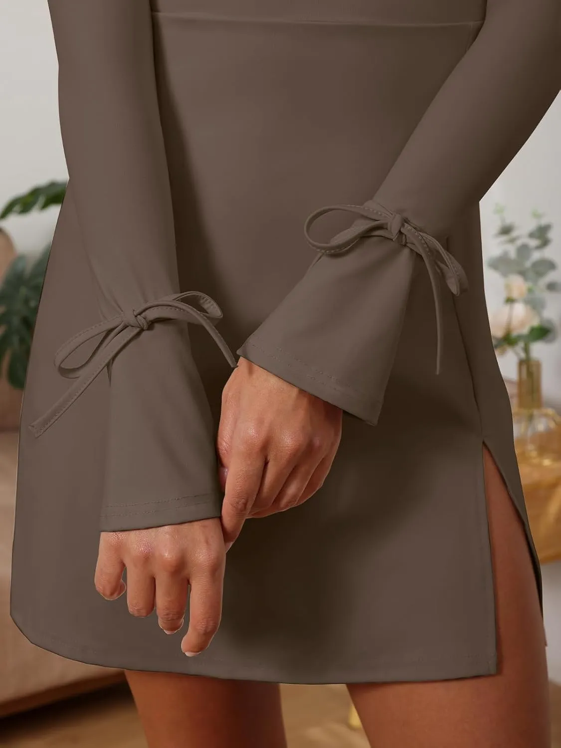 Women's Sexy Square Neck Bodice Dresses Long Sleeve Side Slit A-Line Mini Dress Cocktail Party Club Dress
