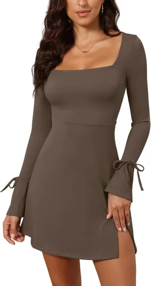 Women's Sexy Square Neck Bodice Dresses Long Sleeve Side Slit A-Line Mini Dress Cocktail Party Club Dress