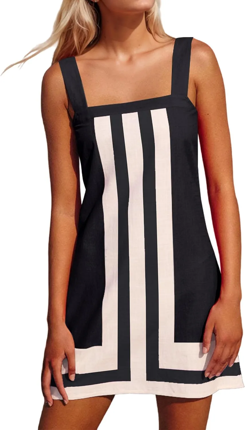 Womens Striped Mini Dress Sleeveless Color Block A Line Dress Beach Summer Boho Sundress Casual Short Dress Cover Up