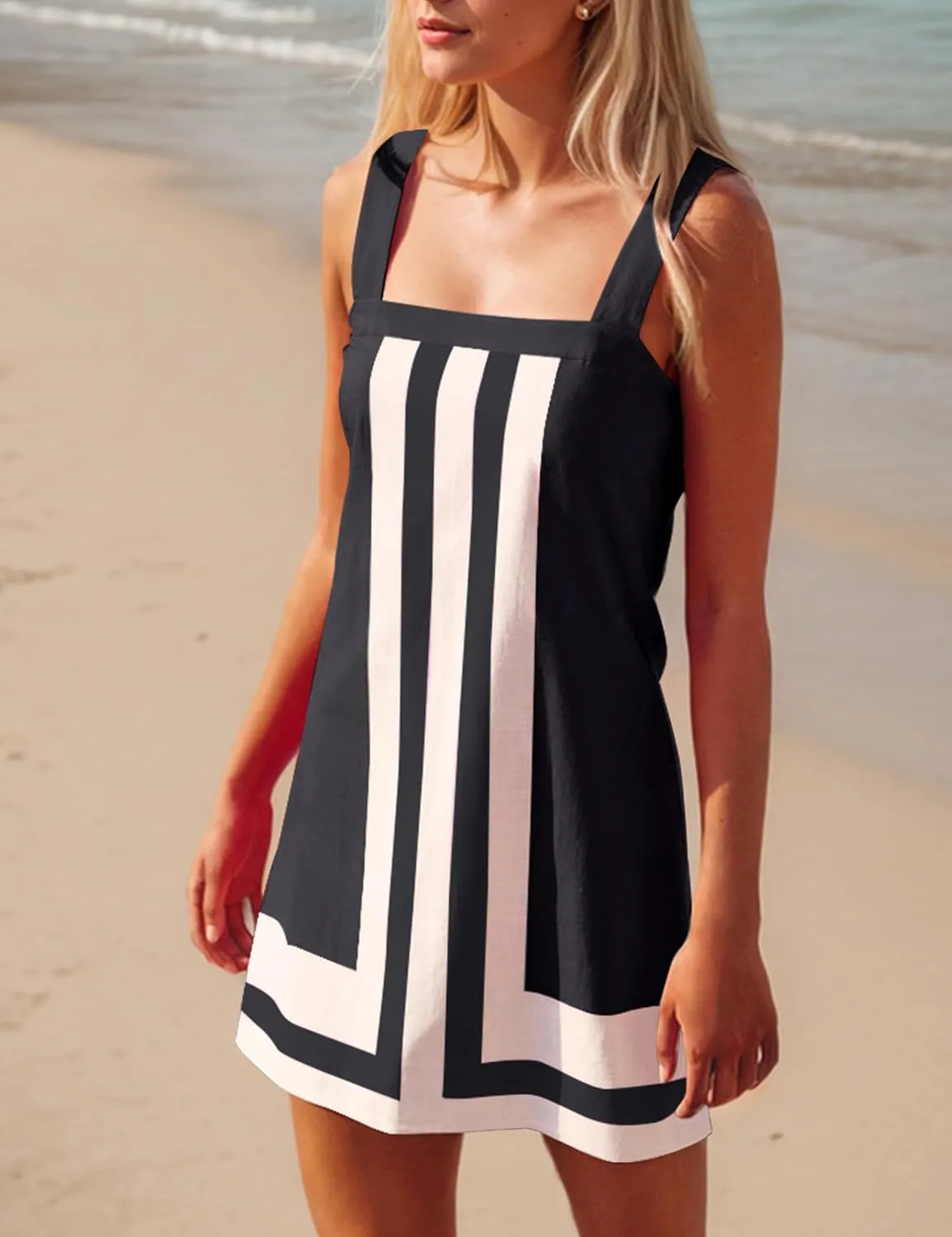 Womens Striped Mini Dress Sleeveless Color Block A Line Dress Beach Summer Boho Sundress Casual Short Dress Cover Up