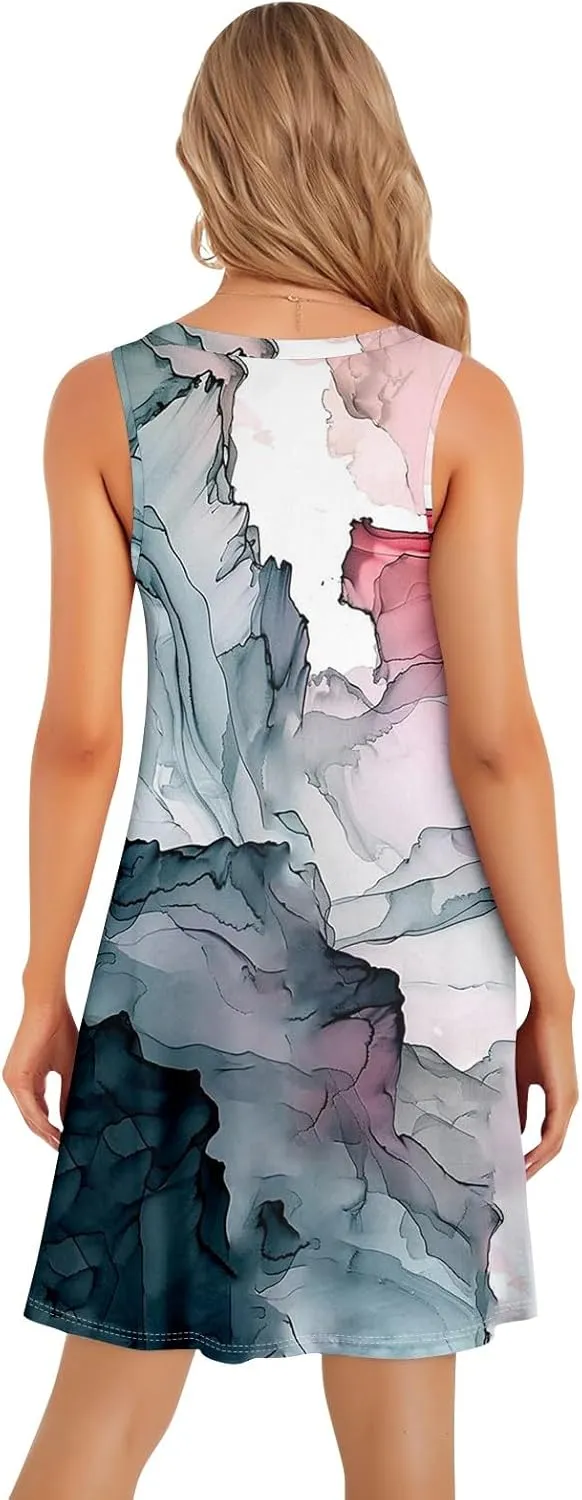 Women's Summer Casual U Neck Tank Top A Line Pleated Floral Print Sleeveless Loose Beach Vacation Mini Sundresses