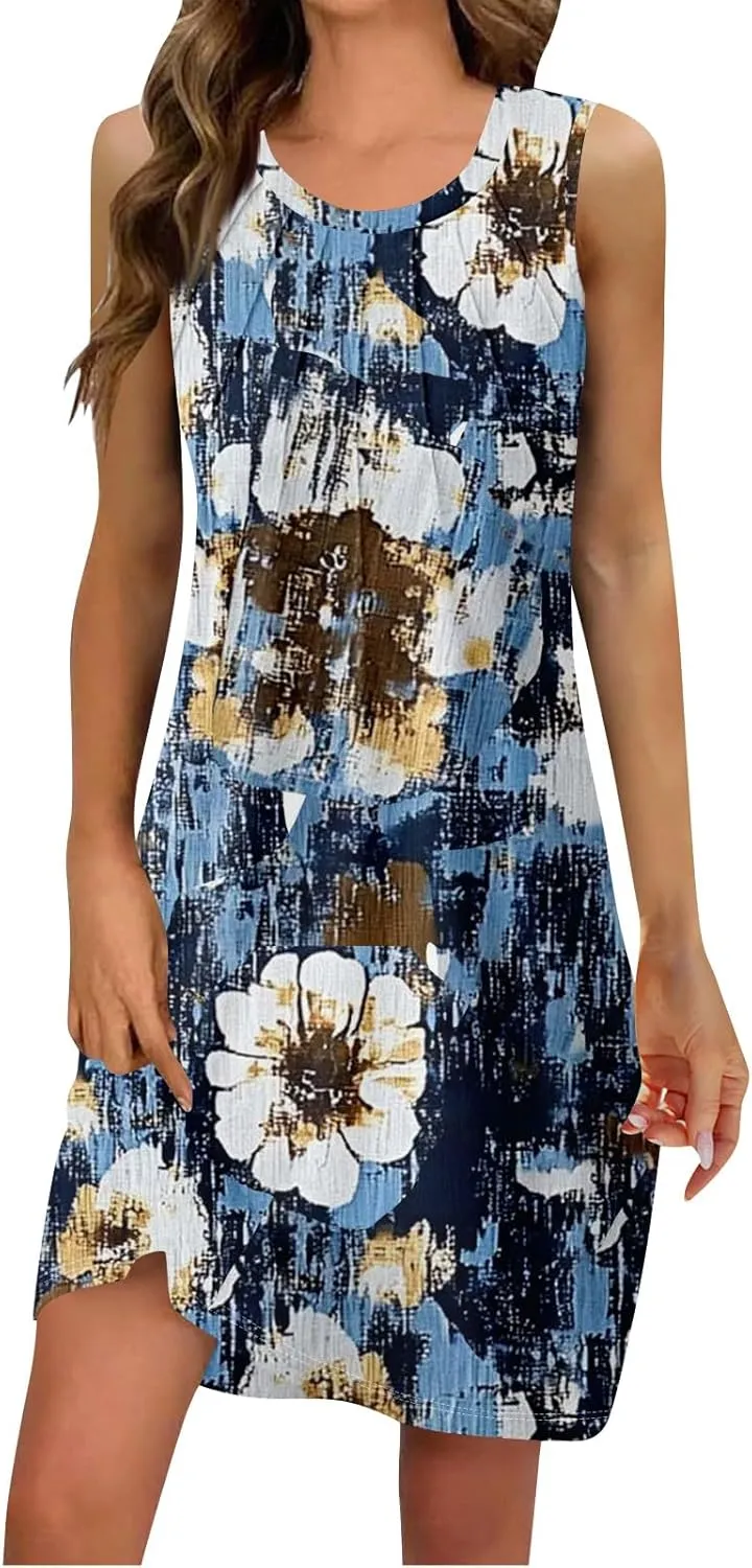 Women's Summer Casual U Neck Tank Top A Line Pleated Floral Print Sleeveless Loose Beach Vacation Mini Sundresses