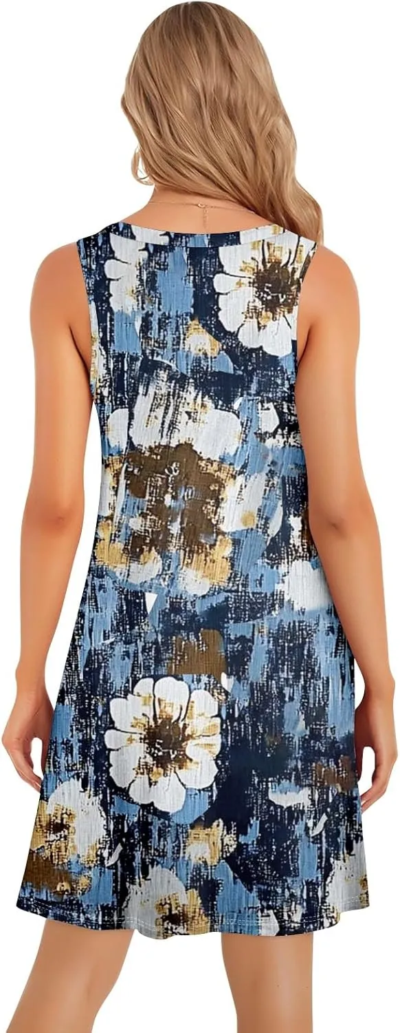 Women's Summer Casual U Neck Tank Top A Line Pleated Floral Print Sleeveless Loose Beach Vacation Mini Sundresses