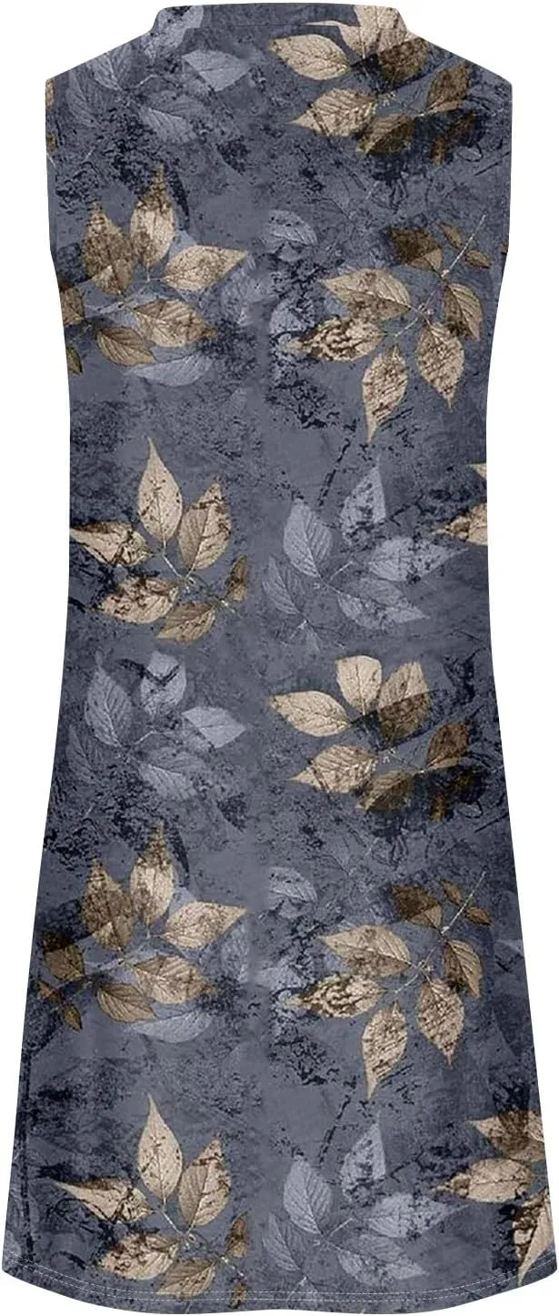 Women's Summer Casual U Neck Tank Top A Line Pleated Floral Print Sleeveless Loose Beach Vacation Mini Sundresses