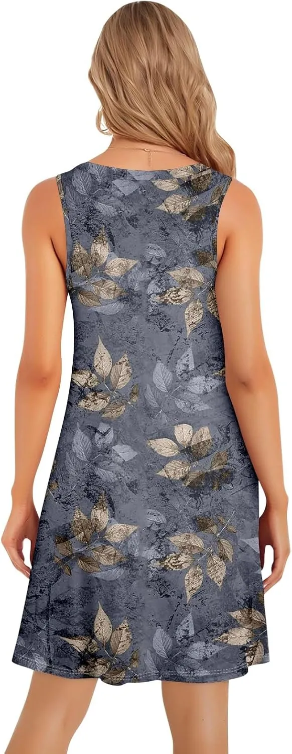 Women's Summer Casual U Neck Tank Top A Line Pleated Floral Print Sleeveless Loose Beach Vacation Mini Sundresses