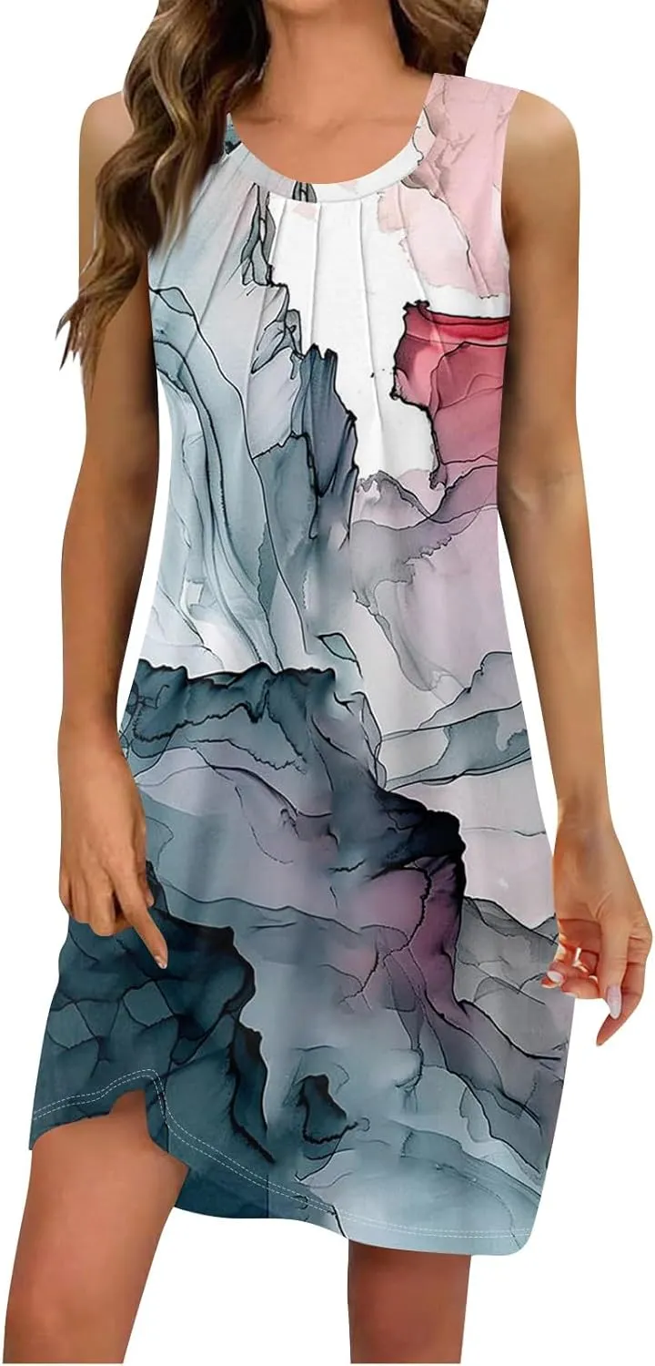 Women's Summer Casual U Neck Tank Top A Line Pleated Floral Print Sleeveless Loose Beach Vacation Mini Sundresses