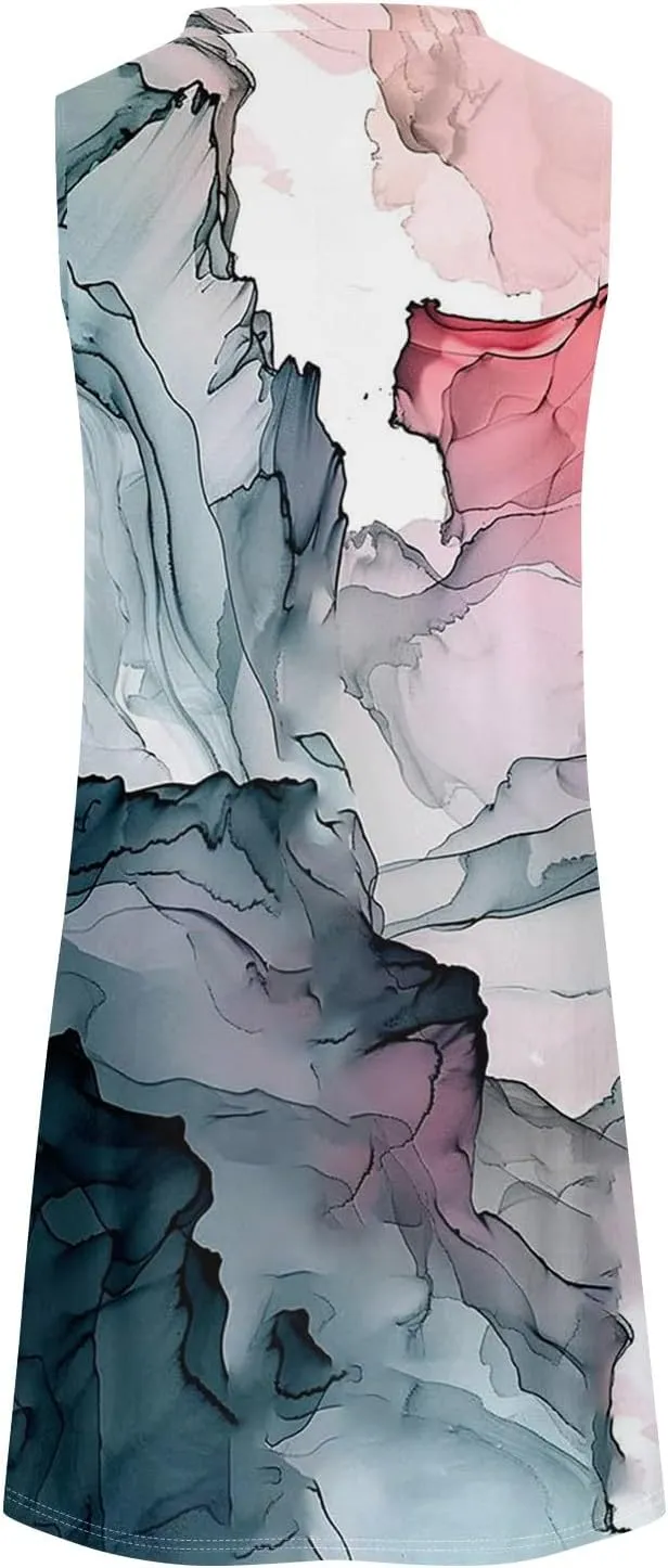 Women's Summer Casual U Neck Tank Top A Line Pleated Floral Print Sleeveless Loose Beach Vacation Mini Sundresses