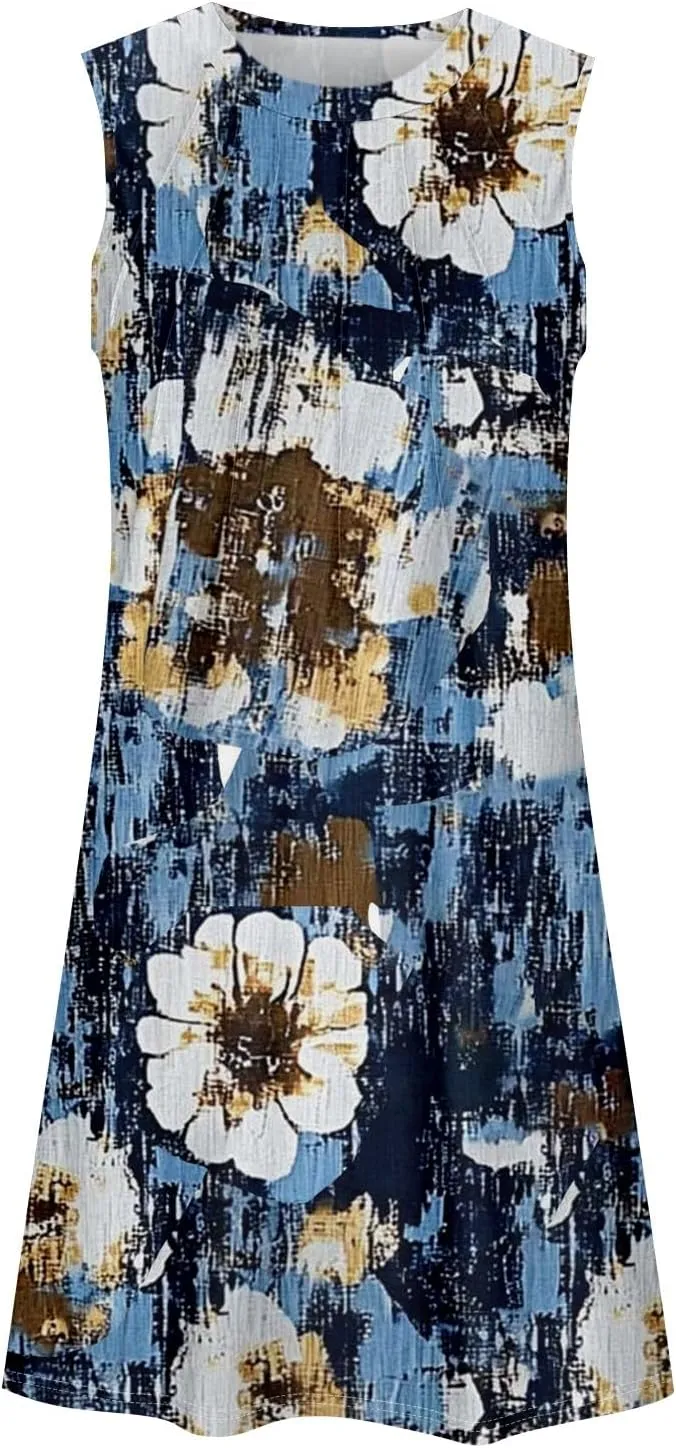 Women's Summer Casual U Neck Tank Top A Line Pleated Floral Print Sleeveless Loose Beach Vacation Mini Sundresses