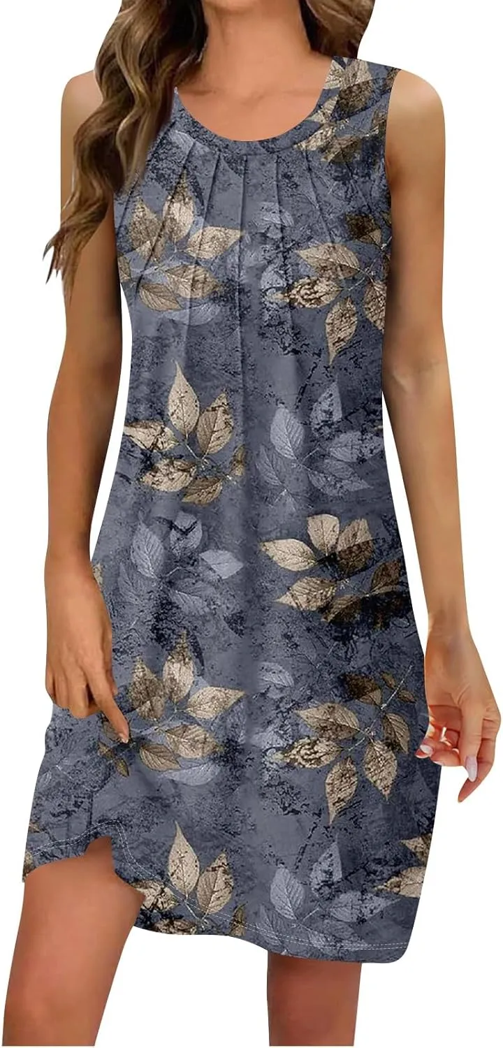 Women's Summer Casual U Neck Tank Top A Line Pleated Floral Print Sleeveless Loose Beach Vacation Mini Sundresses