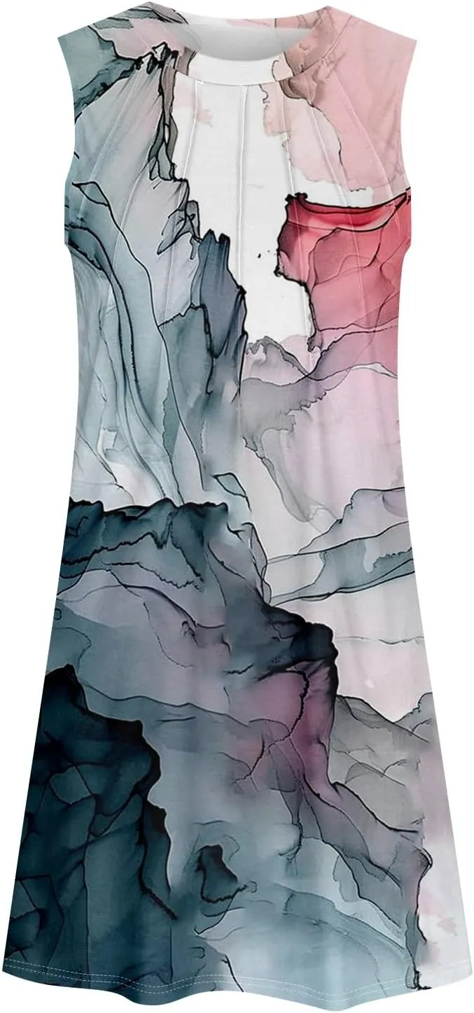 Women's Summer Casual U Neck Tank Top A Line Pleated Floral Print Sleeveless Loose Beach Vacation Mini Sundresses