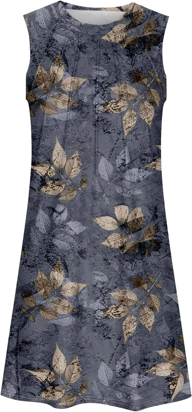 Women's Summer Casual U Neck Tank Top A Line Pleated Floral Print Sleeveless Loose Beach Vacation Mini Sundresses