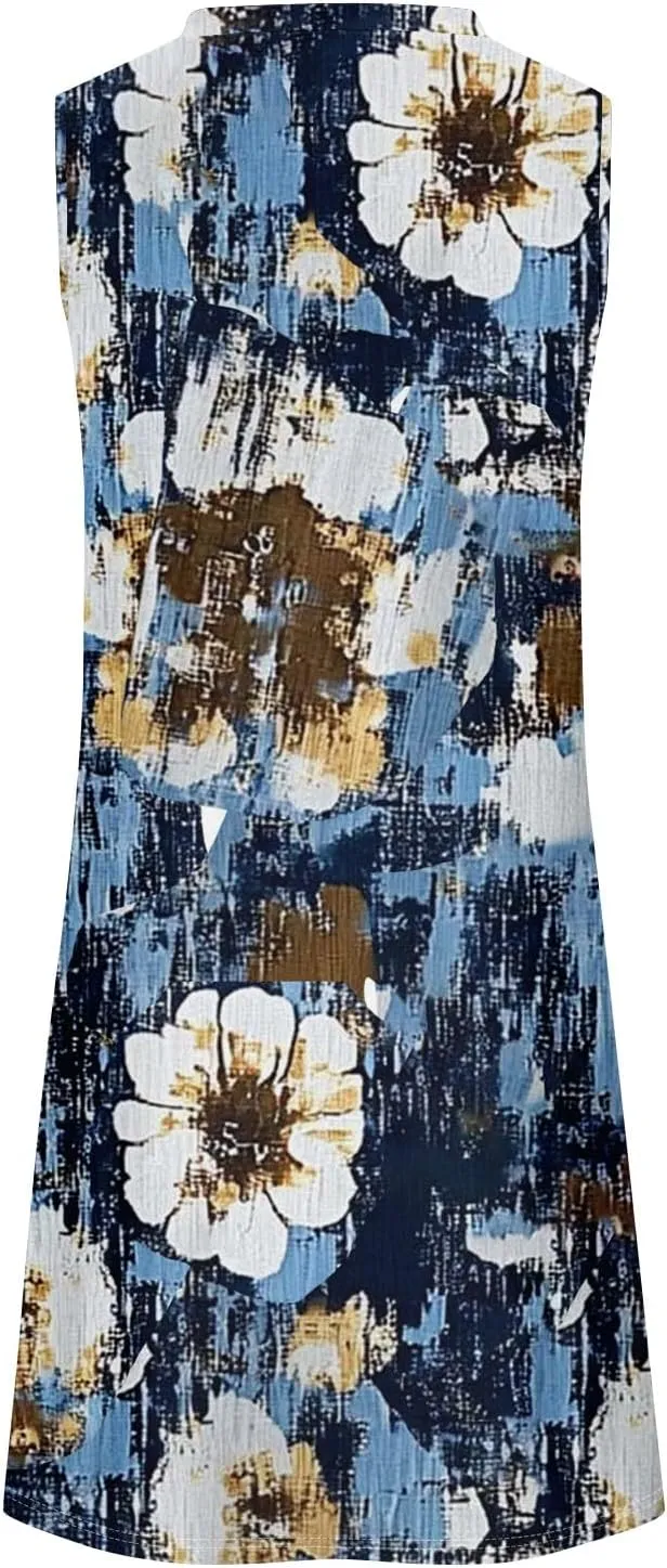 Women's Summer Casual U Neck Tank Top A Line Pleated Floral Print Sleeveless Loose Beach Vacation Mini Sundresses