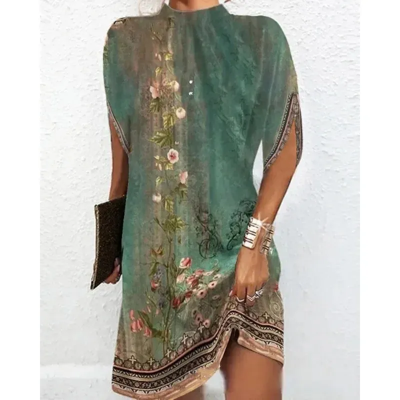 Women's Summer Skirt Fashion Casual Loose Dress with Bat Sleeve