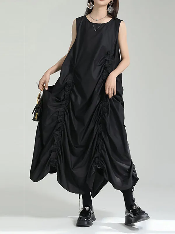 xakxx Irregular Clipping Loose Solid Color Round-Neck Midi Dresses