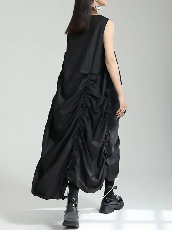 xakxx Irregular Clipping Loose Solid Color Round-Neck Midi Dresses