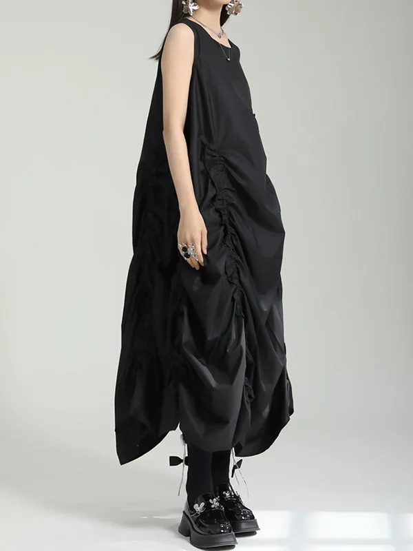xakxx Irregular Clipping Loose Solid Color Round-Neck Midi Dresses