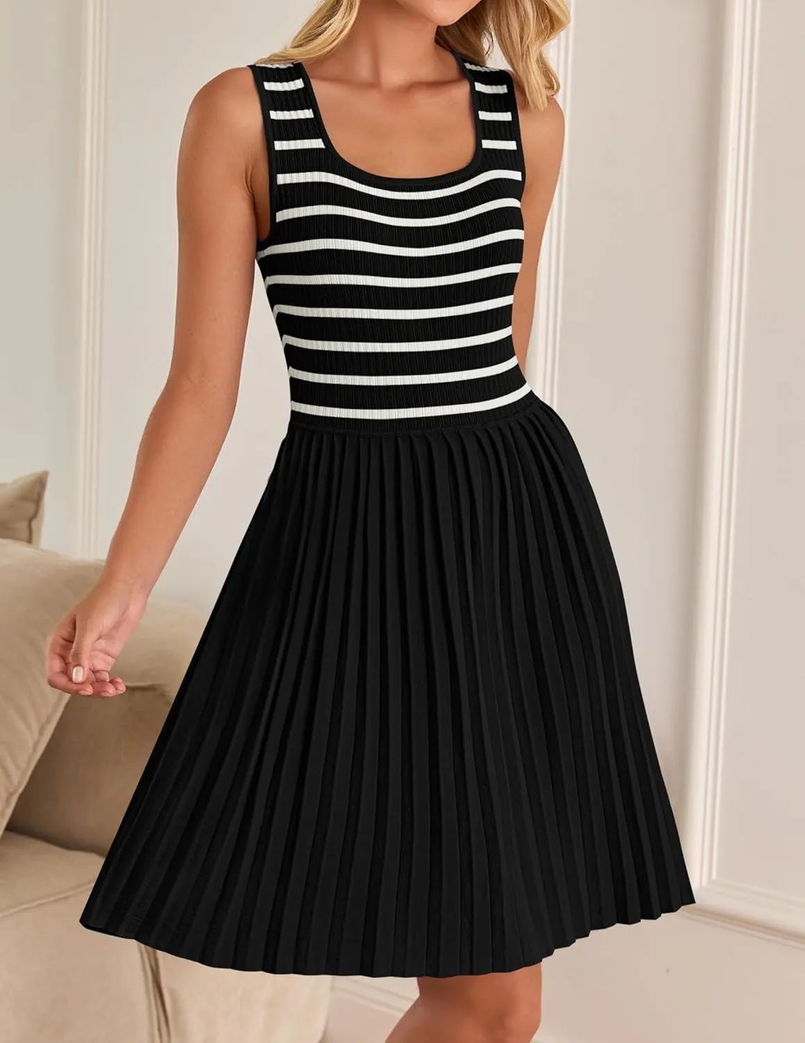 ZESICA Women's Summer Sleeveless Mini Dress 2025 Square Neck Striped Knit A Line Pleated Tank Dresses